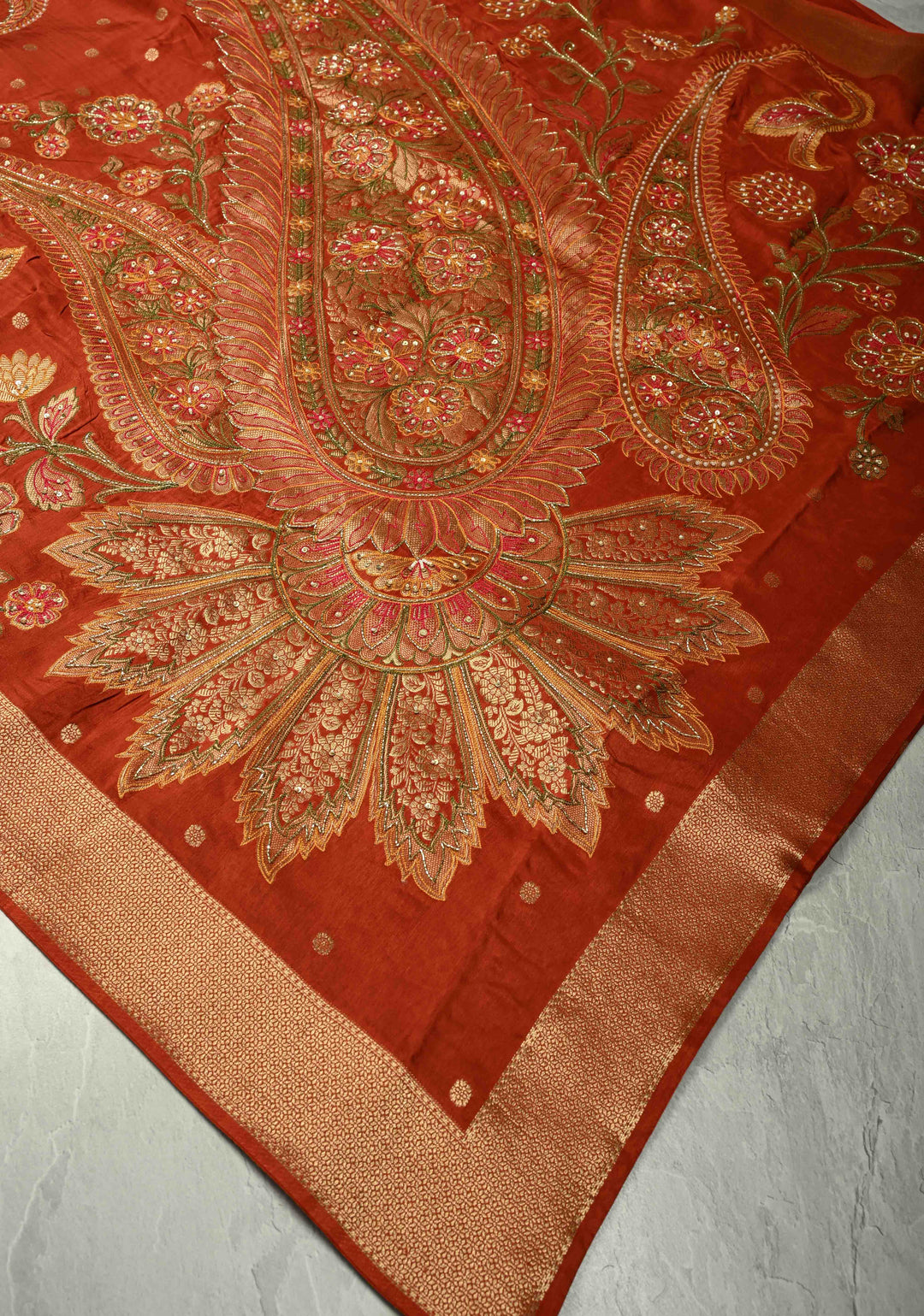 Burnt Orange Vegan Soft Silk Saree with Paisley Motifs- Moti, Cutdana work and Zari Border