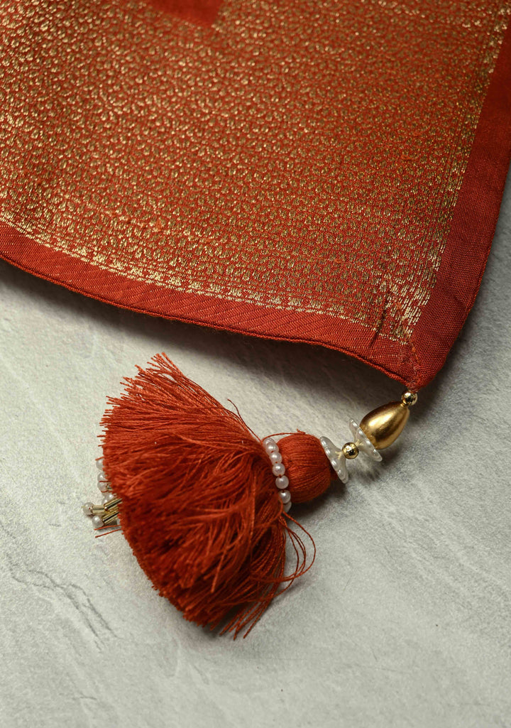 Burnt Orange Vegan Soft Silk Saree with Paisley Motifs- Moti, Cutdana work and Zari Border