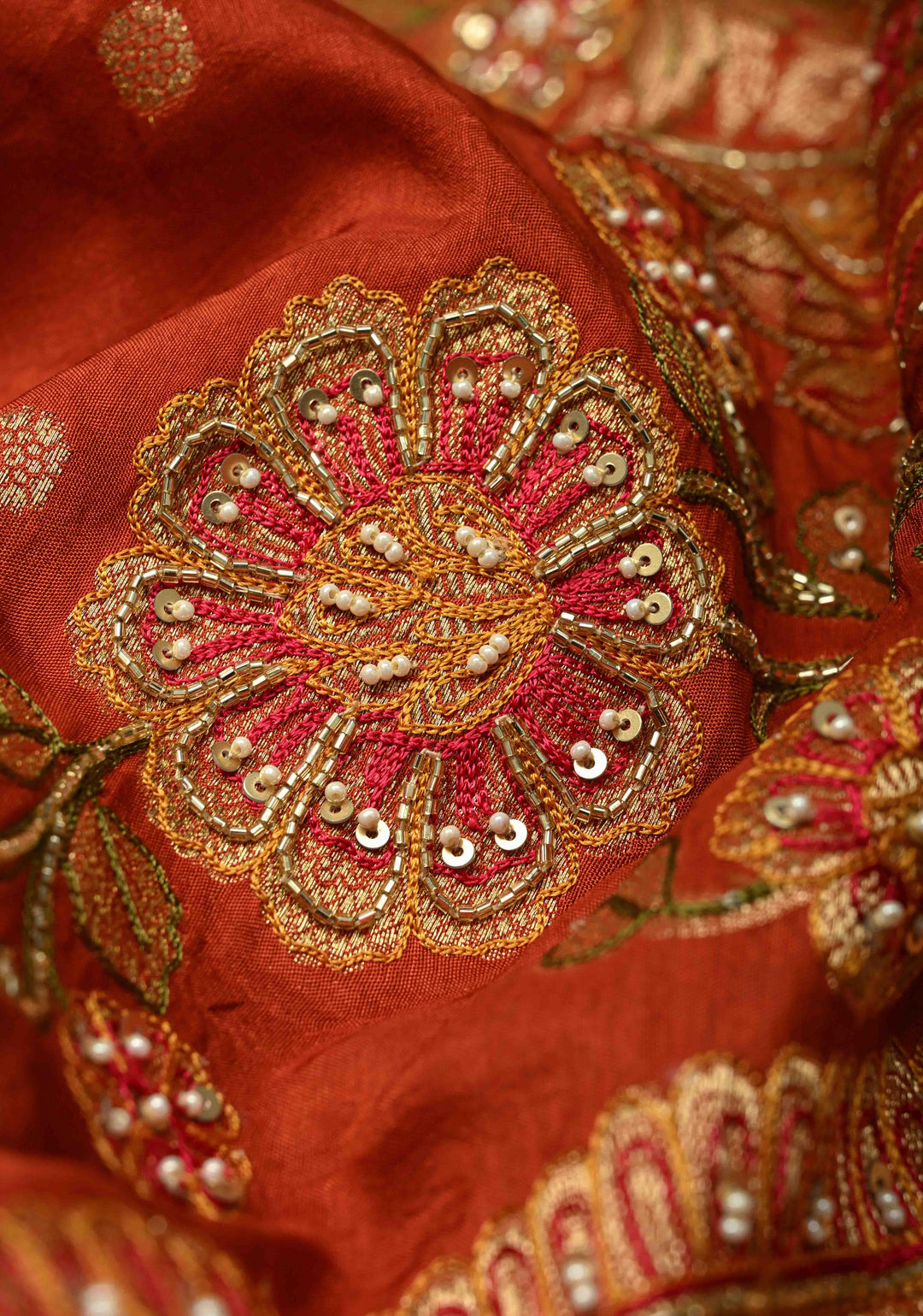 Burnt Orange Vegan Soft Silk Saree with Paisley Motifs- Moti, Cutdana work and Zari Border