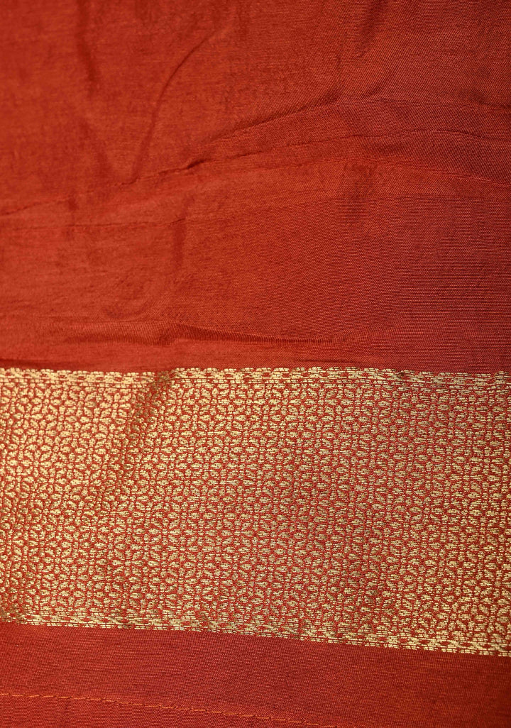 Burnt Orange Vegan Soft Silk Saree with Paisley Motifs- Moti, Cutdana work and Zari Border