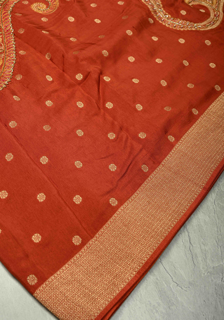 Burnt Orange Vegan Soft Silk Saree with Paisley Motifs- Moti, Cutdana work and Zari Border