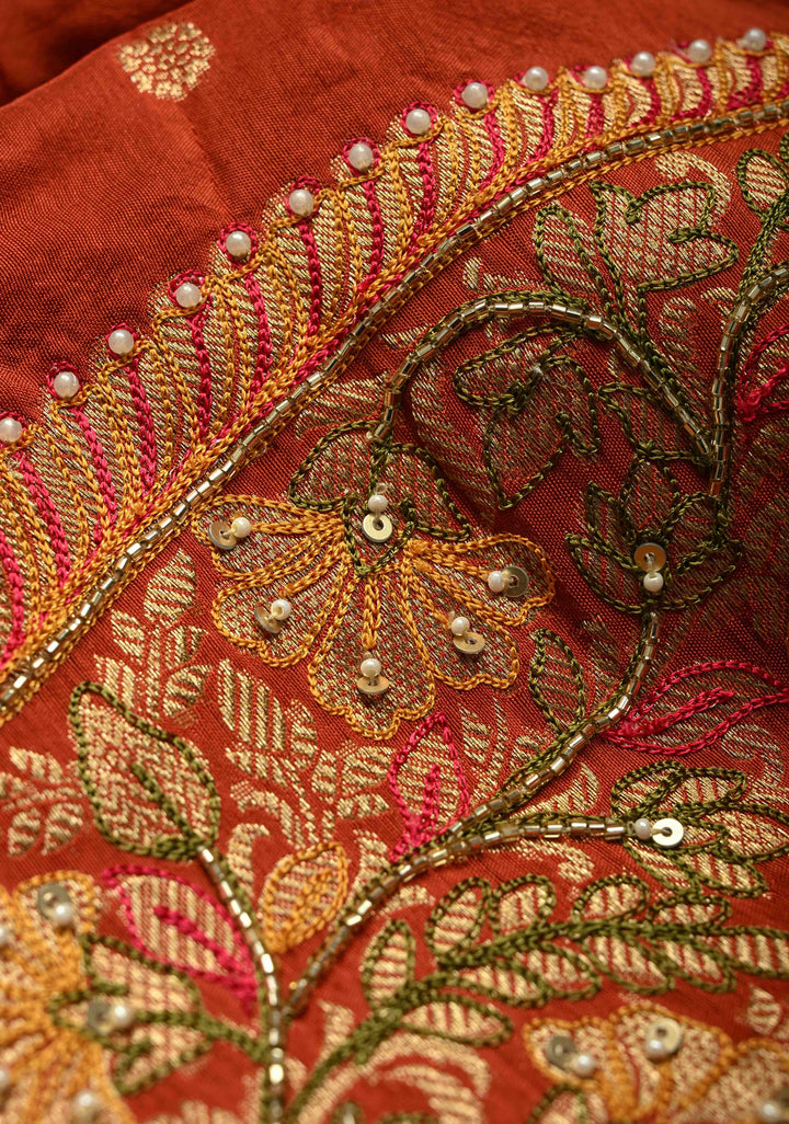 Burnt Orange Vegan Soft Silk Saree with Paisley Motifs- Moti, Cutdana work and Zari Border
