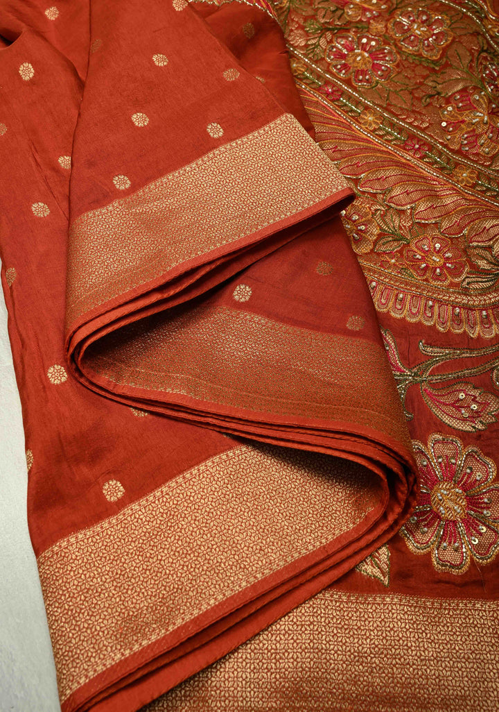 Burnt Orange Vegan Soft Silk Saree with Paisley Motifs- Moti, Cutdana work and Zari Border
