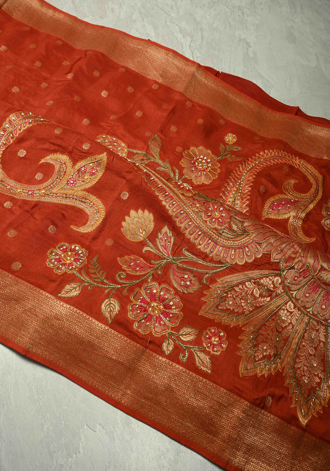 Burnt Orange Vegan Soft Silk Saree with Paisley Motifs- Moti, Cutdana work and Zari Border