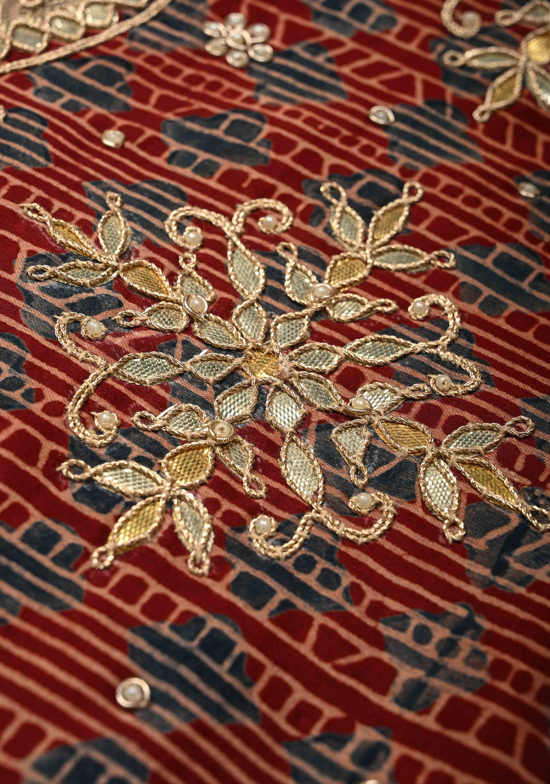 Dusty Standstone Vegan Viscose Silk Tissue Brocade Saree with Ajrakh Applique and Gota Patti work on Scallop Border
