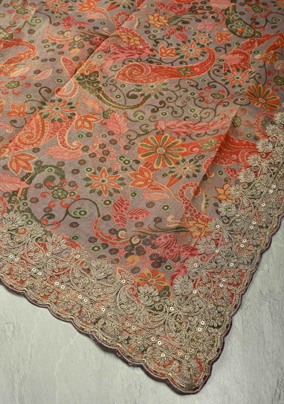 Vegan Tissue Saree with Digital Print and Cord Pitta Embroidery Border, No Blouse Piece