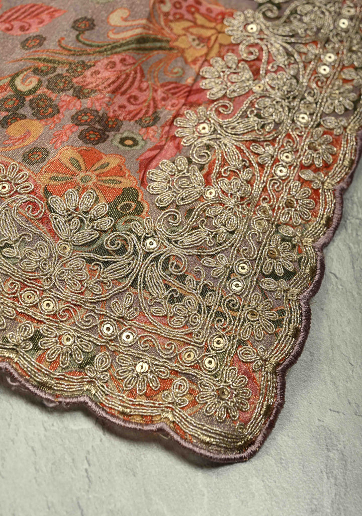 Vegan Tissue Saree with Digital Print and Cord Pitta Embroidery Border, No Blouse Piece