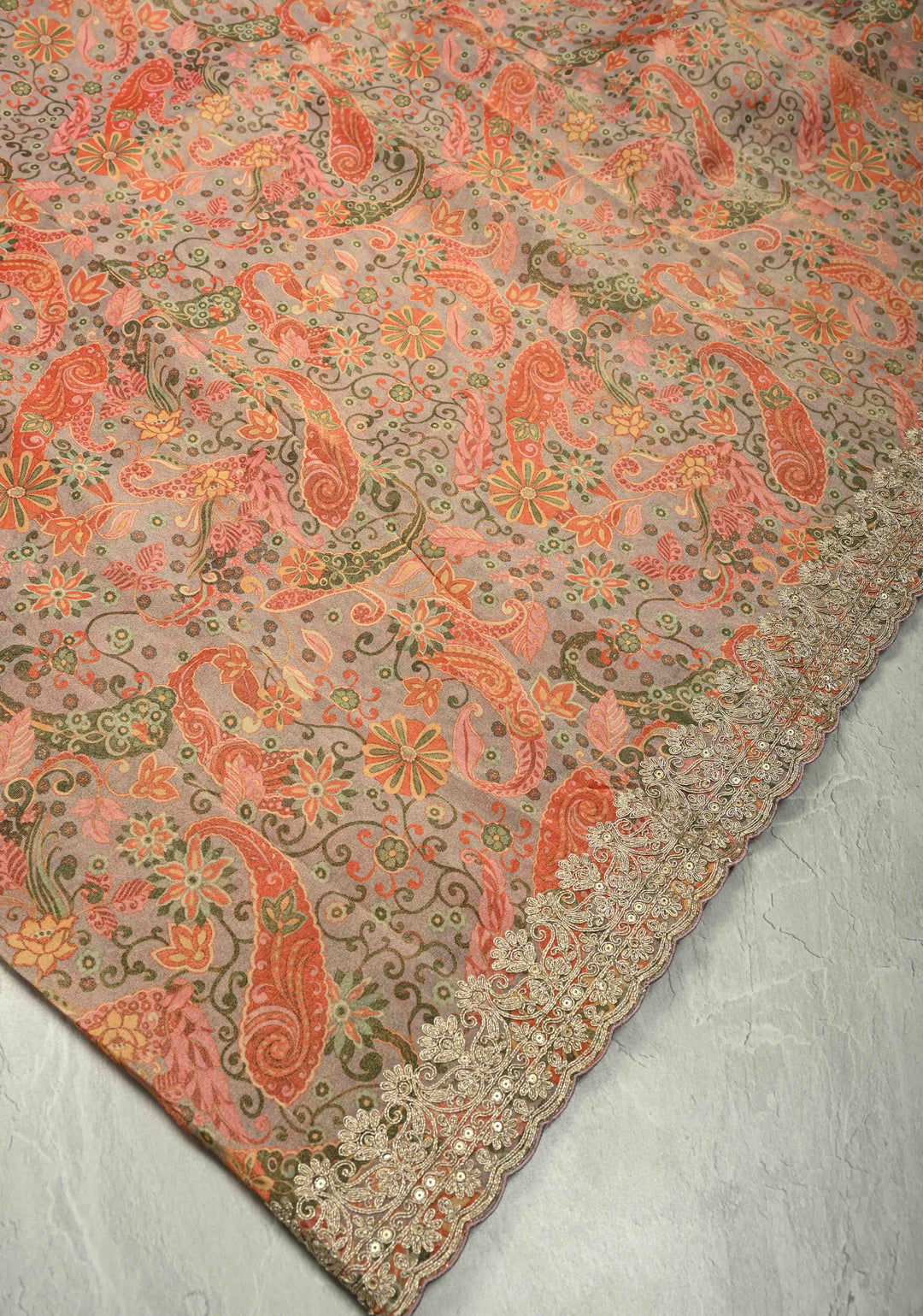 Vegan Tissue Saree with Digital Print and Cord Pitta Embroidery Border, No Blouse Piece