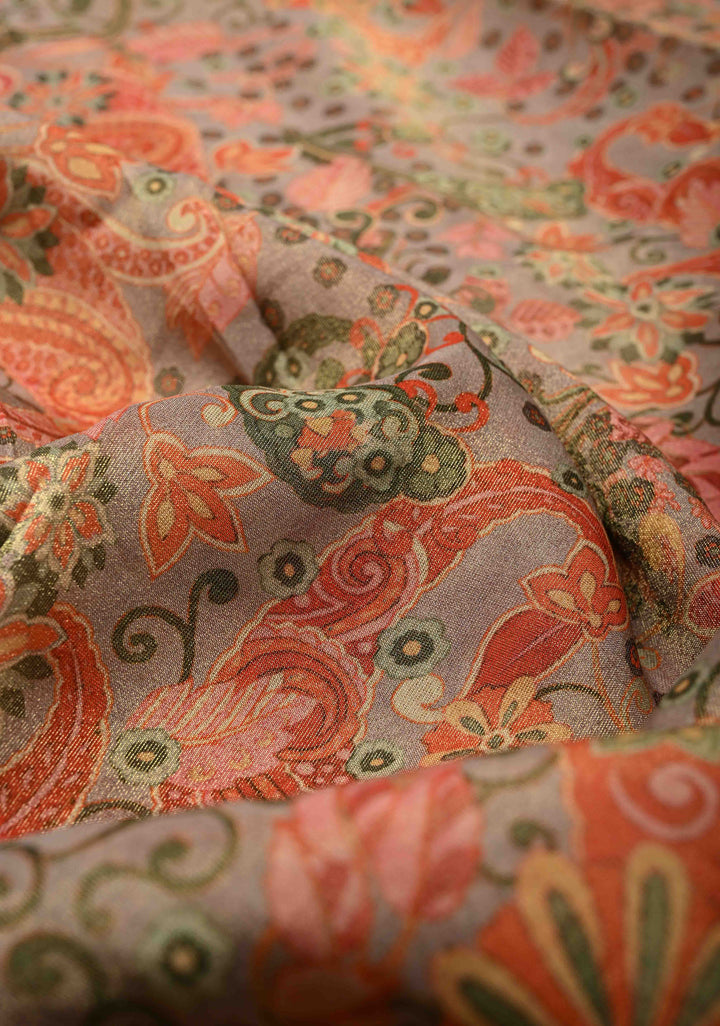 Vegan Tissue Saree with Digital Print and Cord Pitta Embroidery Border, No Blouse Piece