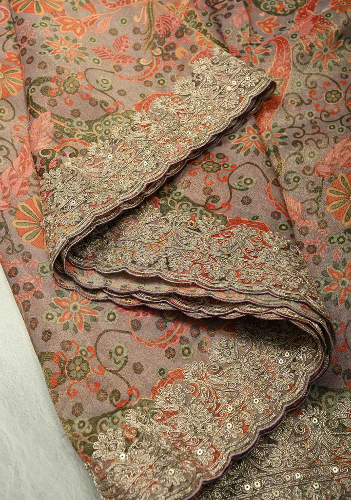 Vegan Tissue Saree with Digital Print and Cord Pitta Embroidery Border, No Blouse Piece