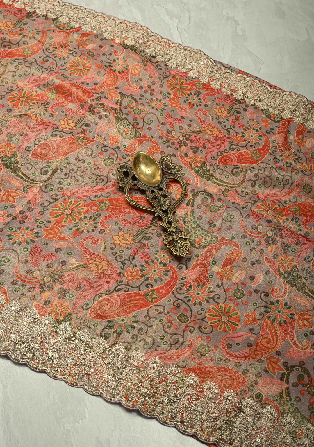 Vegan Tissue Saree with Digital Print and Cord Pitta Embroidery Border, No Blouse Piece