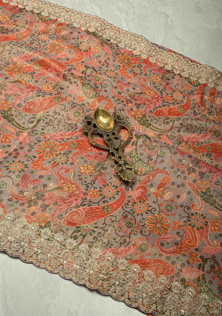 Vegan Tissue Saree with Digital Print and Cord Pitta Embroidery Border, No Blouse Piece