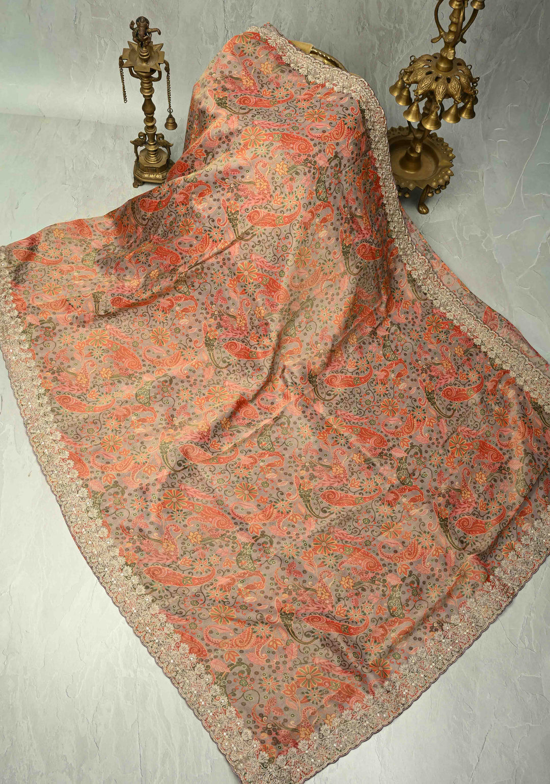 Vegan Tissue Saree with Digital Print and Cord Pitta Embroidery Border, No Blouse Piece