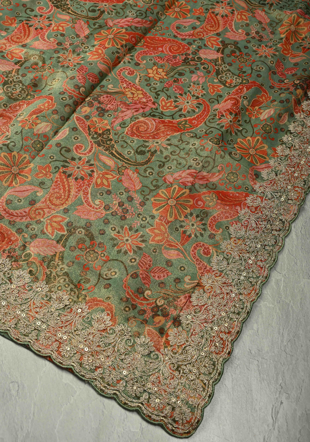 Vegan Tissue Saree with Digital Print and Cord Pitta Embroidery Border, No Blouse Piece