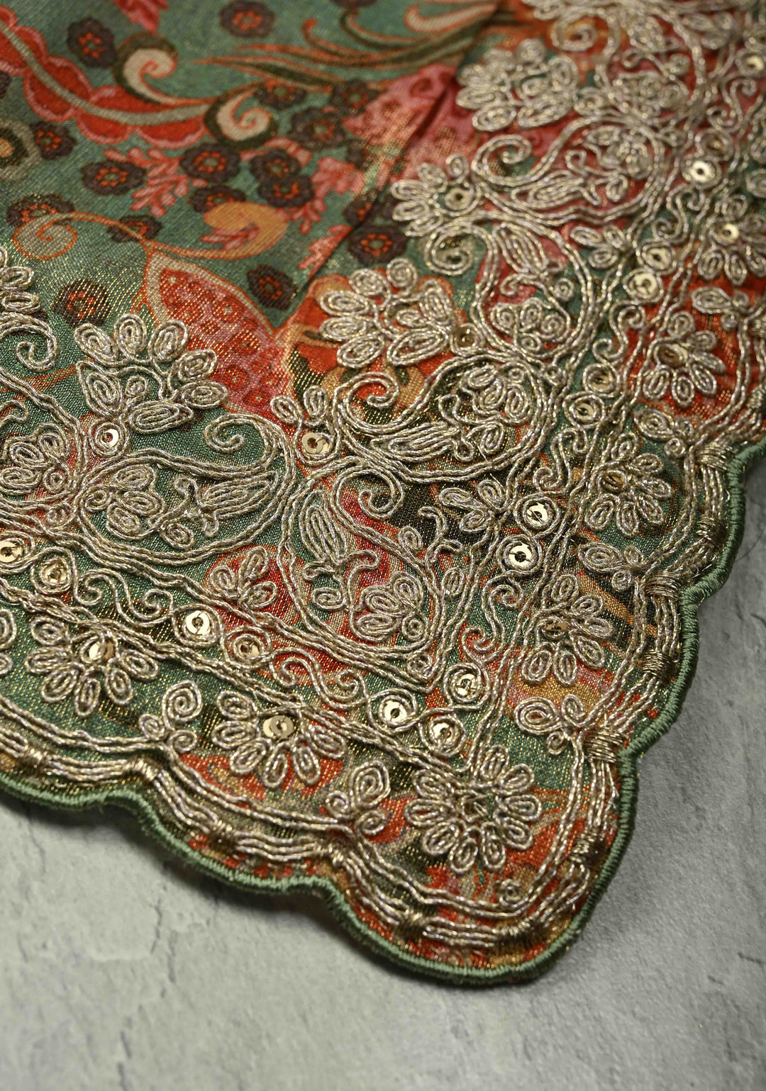 Vegan Tissue Saree with Digital Print and Cord Pitta Embroidery Border, No Blouse Piece