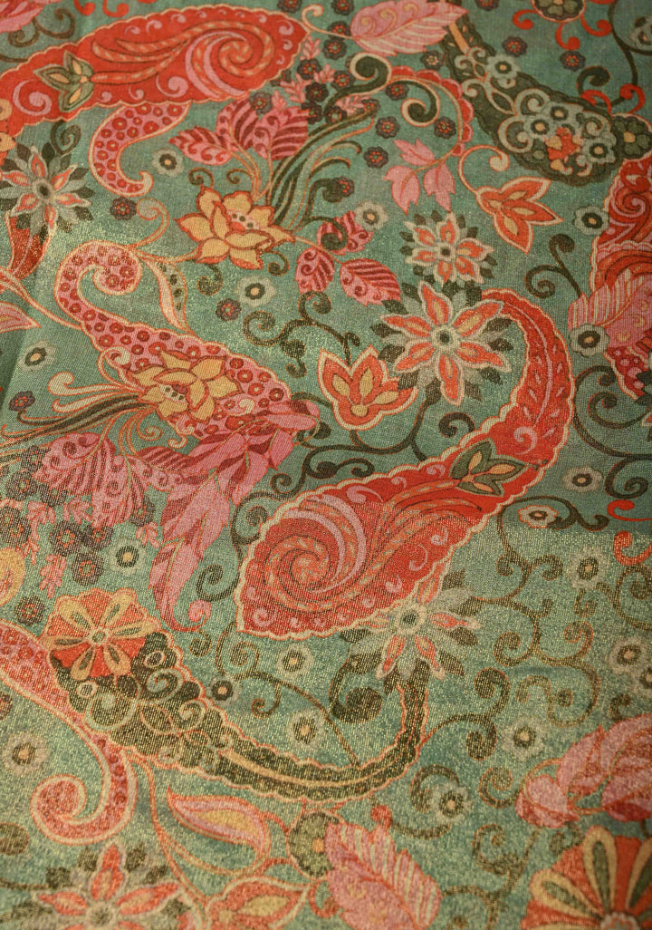 Vegan Tissue Saree with Digital Print and Cord Pitta Embroidery Border, No Blouse Piece