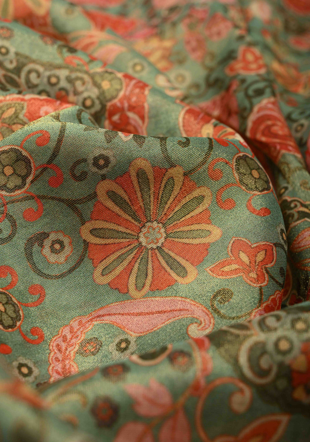 Vegan Tissue Saree with Digital Print and Cord Pitta Embroidery Border, No Blouse Piece