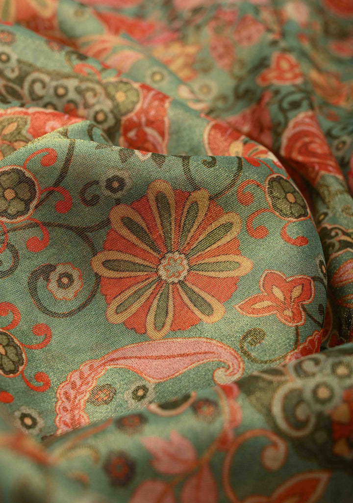 Vegan Tissue Saree with Digital Print and Cord Pitta Embroidery Border, No Blouse Piece