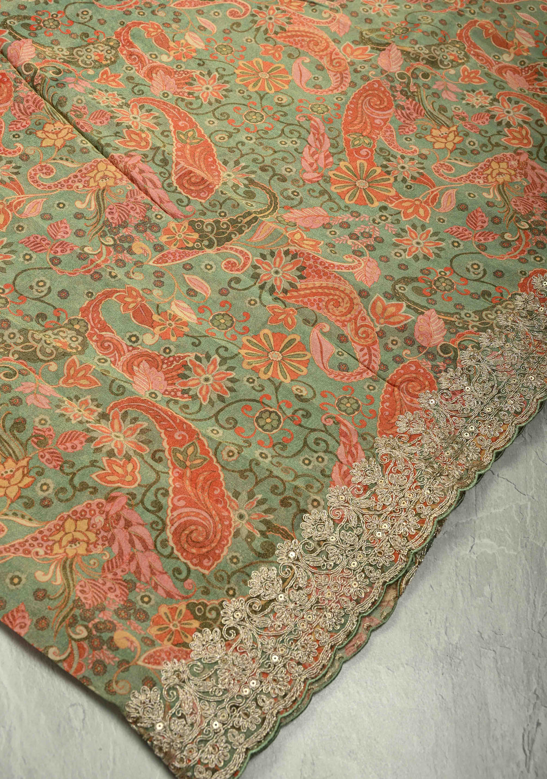 Vegan Tissue Saree with Digital Print and Cord Pitta Embroidery Border, No Blouse Piece