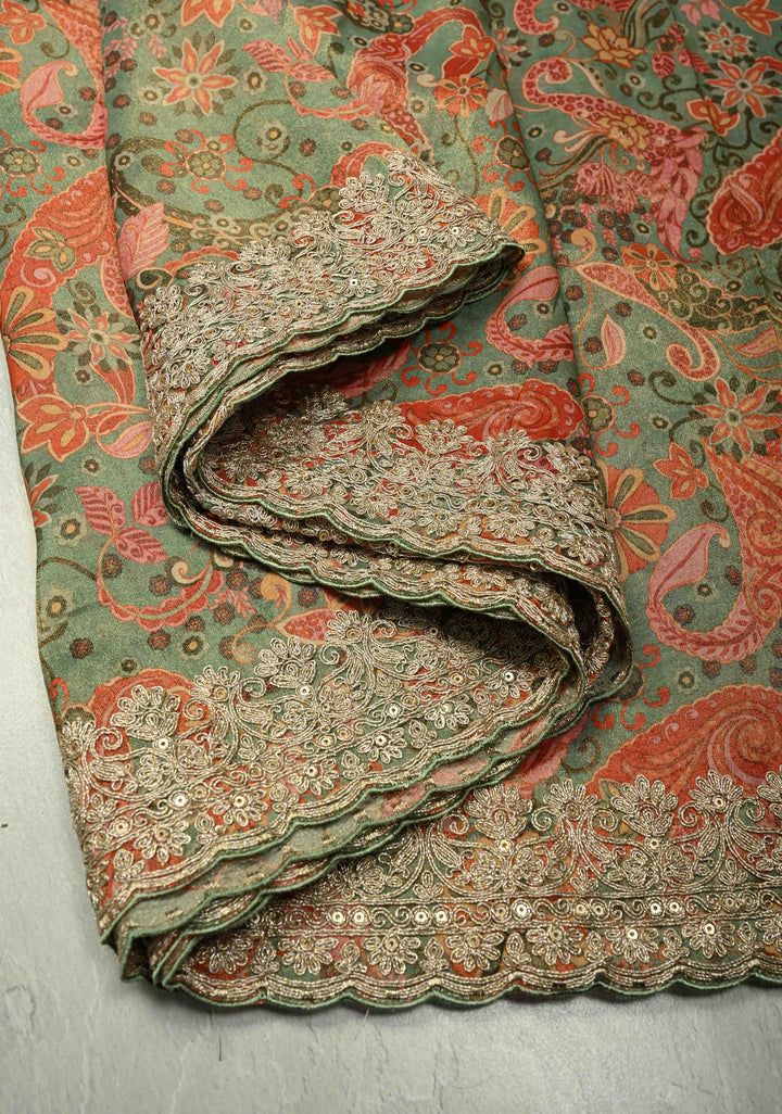 Vegan Tissue Saree with Digital Print and Cord Pitta Embroidery Border, No Blouse Piece