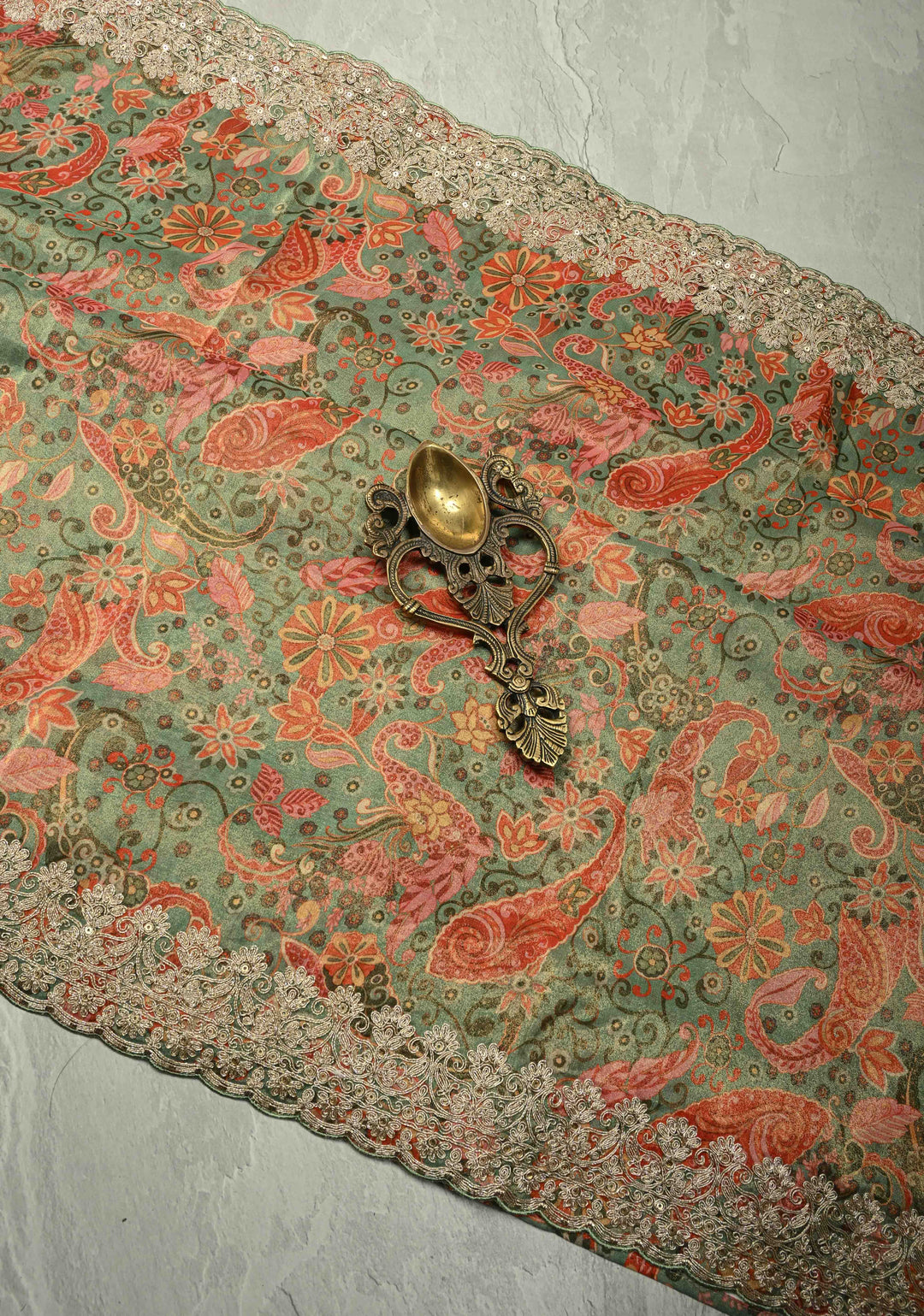 Vegan Tissue Saree with Digital Print and Cord Pitta Embroidery Border, No Blouse Piece