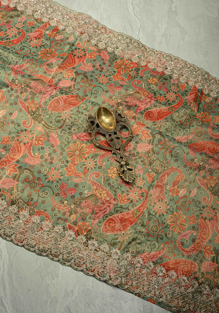 Vegan Tissue Saree with Digital Print and Cord Pitta Embroidery Border, No Blouse Piece