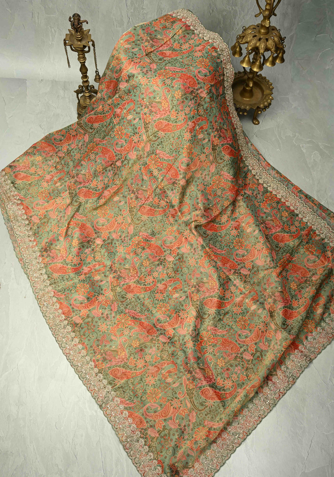 Vegan Tissue Saree with Digital Print and Cord Pitta Embroidery Border, No Blouse Piece