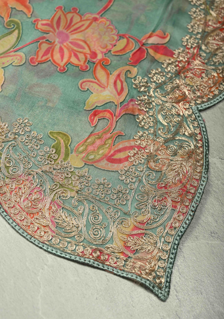 Pastel Blue Vegan habutai Silk Saree with Digital Print and Cord Pitta Embroidery Border, No Blouse Piece