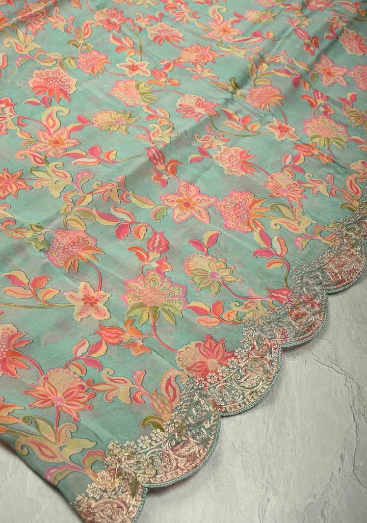 Pastel Blue Vegan habutai Silk Saree with Digital Print and Cord Pitta Embroidery Border, No Blouse Piece