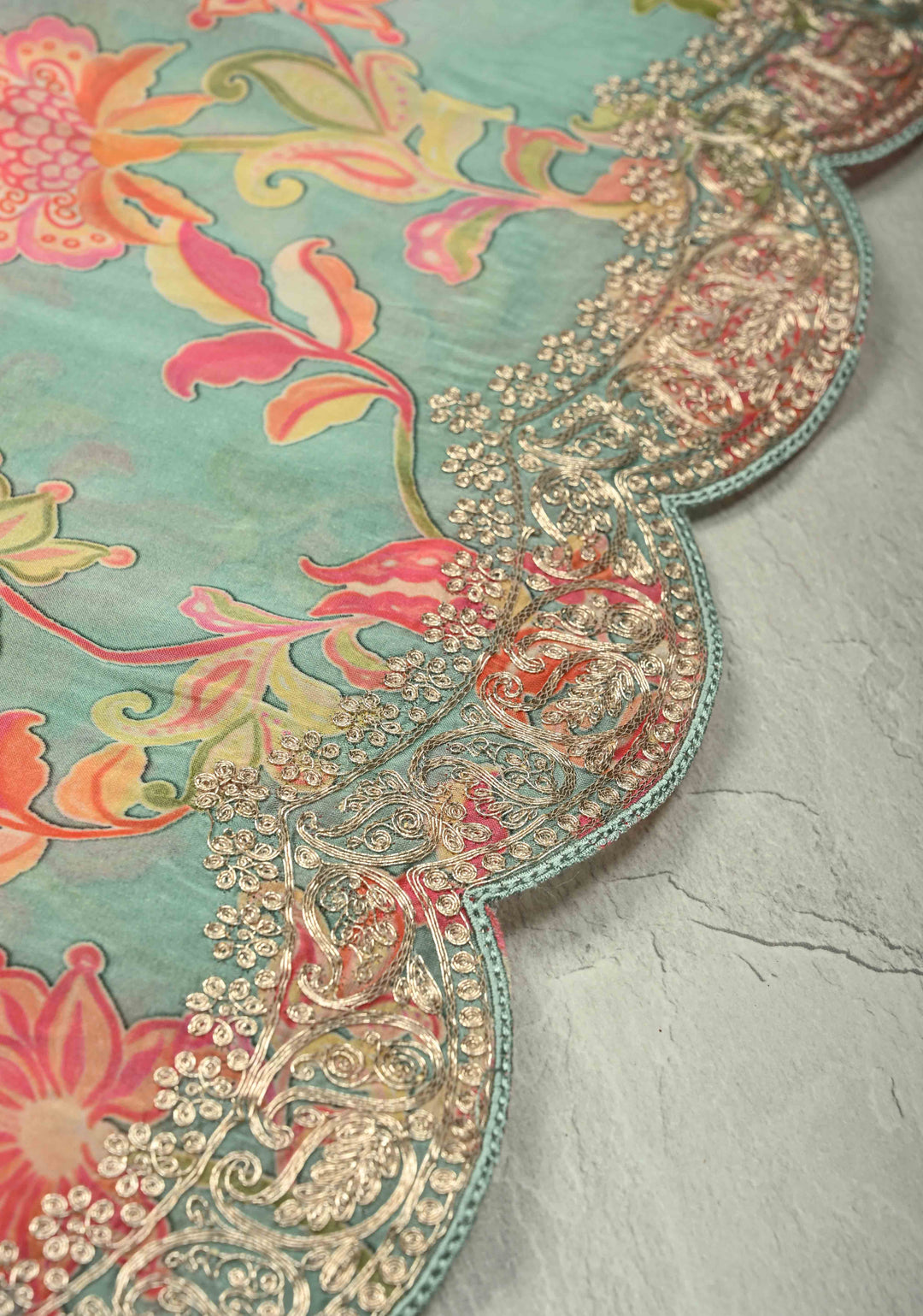 Pastel Blue Vegan habutai Silk Saree with Digital Print and Cord Pitta Embroidery Border, No Blouse Piece