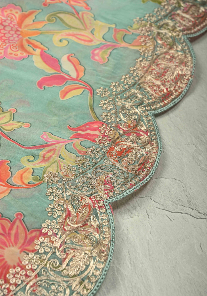 Pastel Blue Vegan habutai Silk Saree with Digital Print and Cord Pitta Embroidery Border, No Blouse Piece