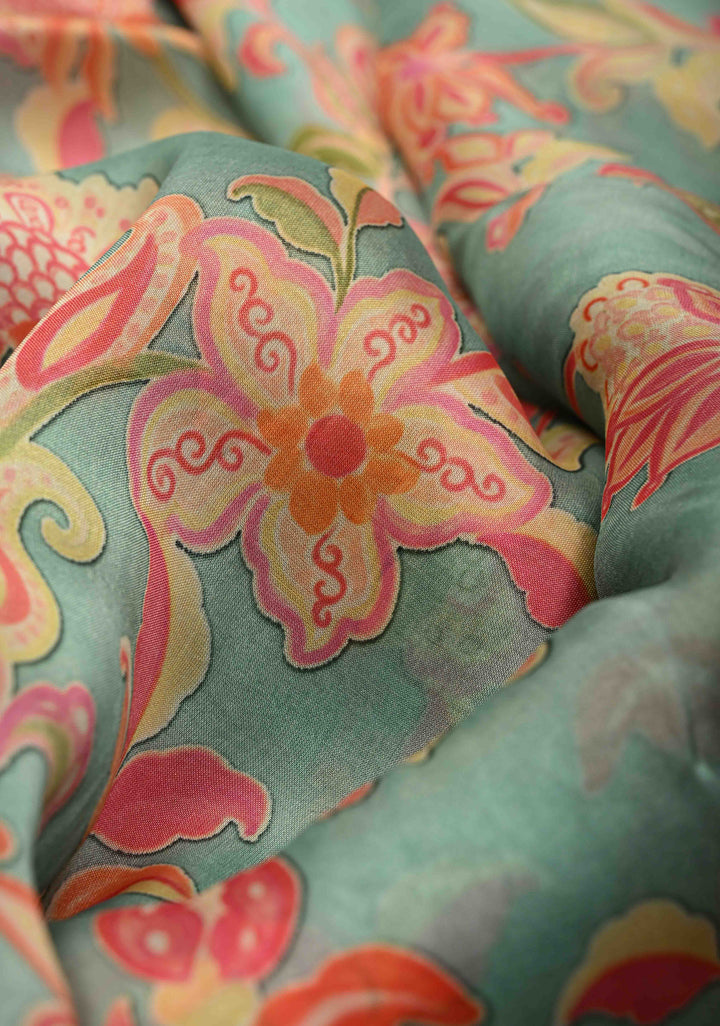 Pastel Blue Vegan habutai Silk Saree with Digital Print and Cord Pitta Embroidery Border, No Blouse Piece