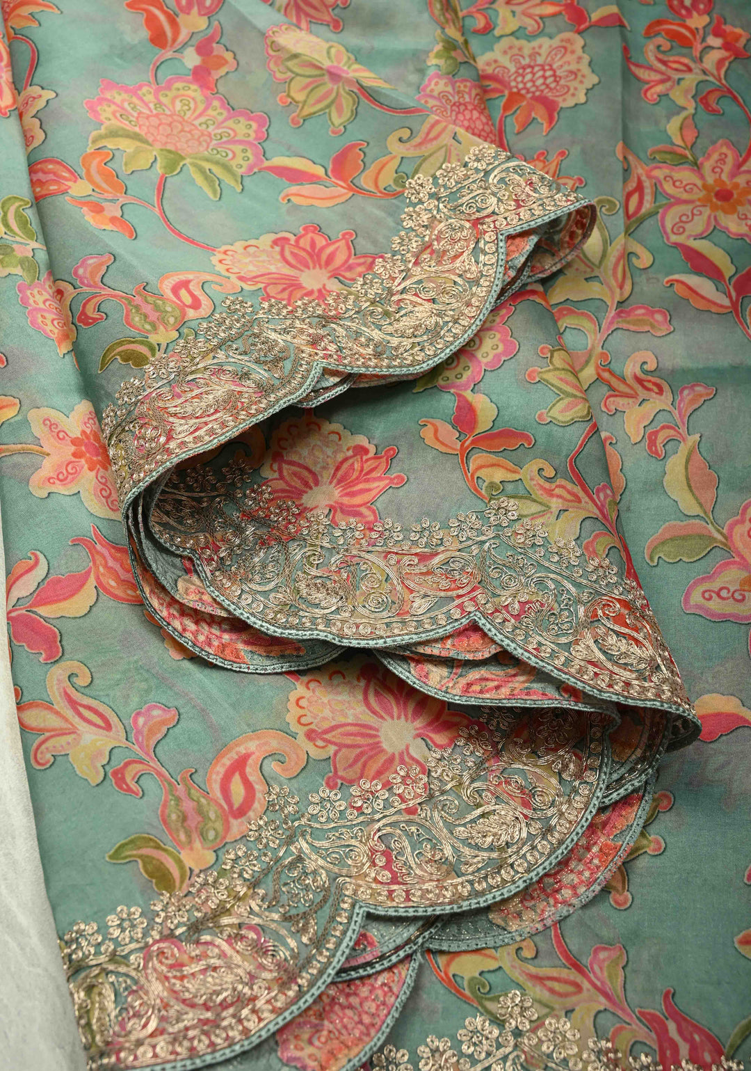 Pastel Blue Vegan habutai Silk Saree with Digital Print and Cord Pitta Embroidery Border, No Blouse Piece