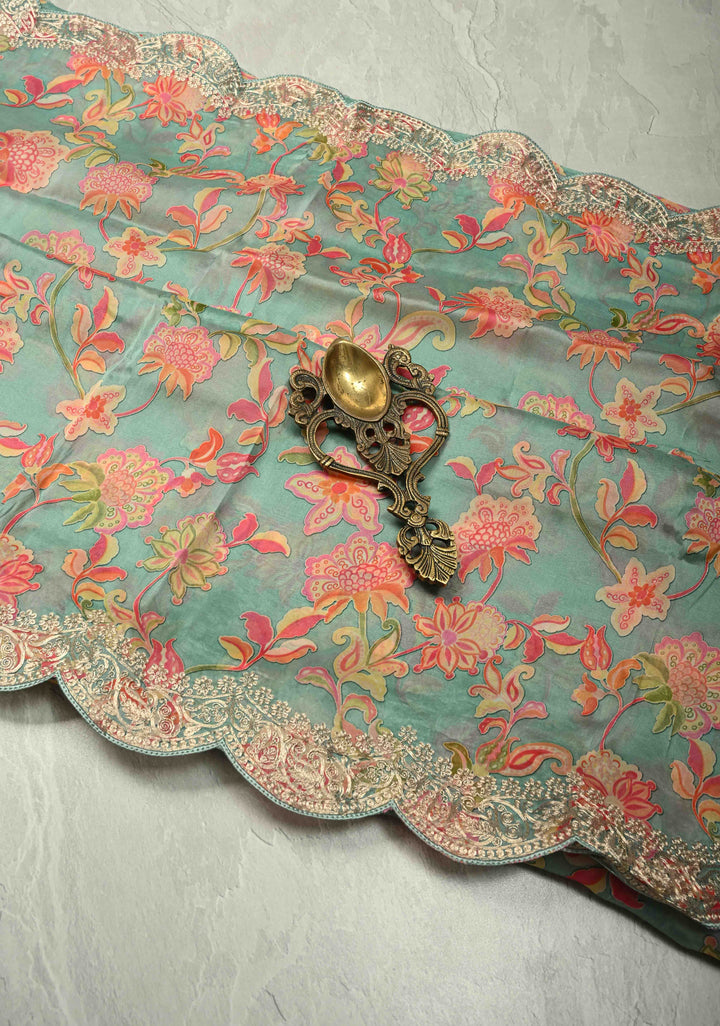 Pastel Blue Vegan habutai Silk Saree with Digital Print and Cord Pitta Embroidery Border, No Blouse Piece