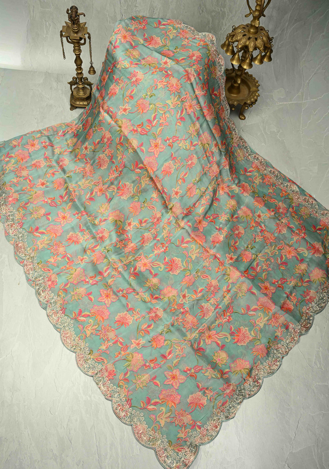 Pastel Blue Vegan habutai Silk Saree with Digital Print and Cord Pitta Embroidery Border, No Blouse Piece