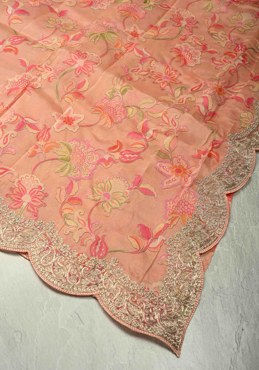 Coral Pink Vegan Silk Habutai Saree with Digital Print and Cord Pitta Embroidery Scallop Border, No Blouse Piece