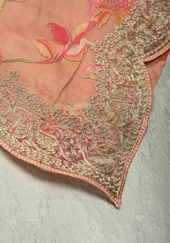 Coral Pink Vegan Silk Habutai Saree with Digital Print and Cord Pitta Embroidery Scallop Border, No Blouse Piece