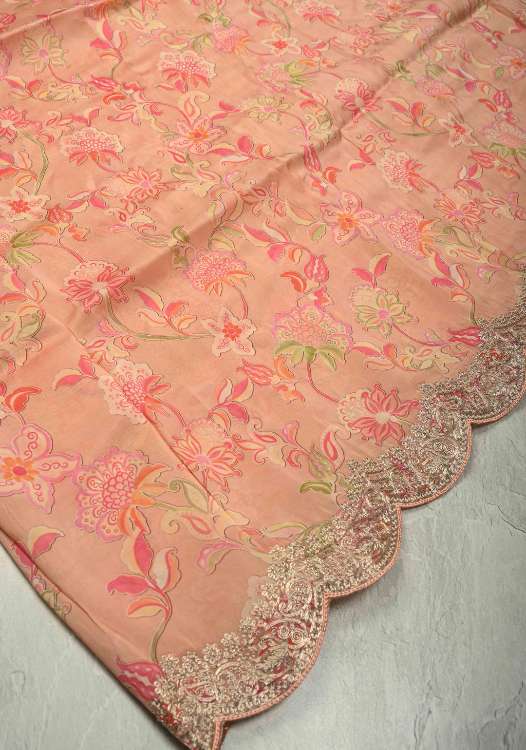 Coral Pink Vegan Silk Habutai Saree with Digital Print and Cord Pitta Embroidery Scallop Border, No Blouse Piece