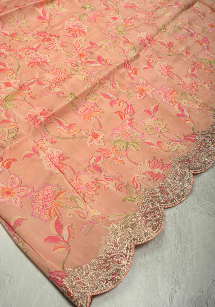 Coral Pink Vegan Silk Habutai Saree with Digital Print and Cord Pitta Embroidery Scallop Border, No Blouse Piece