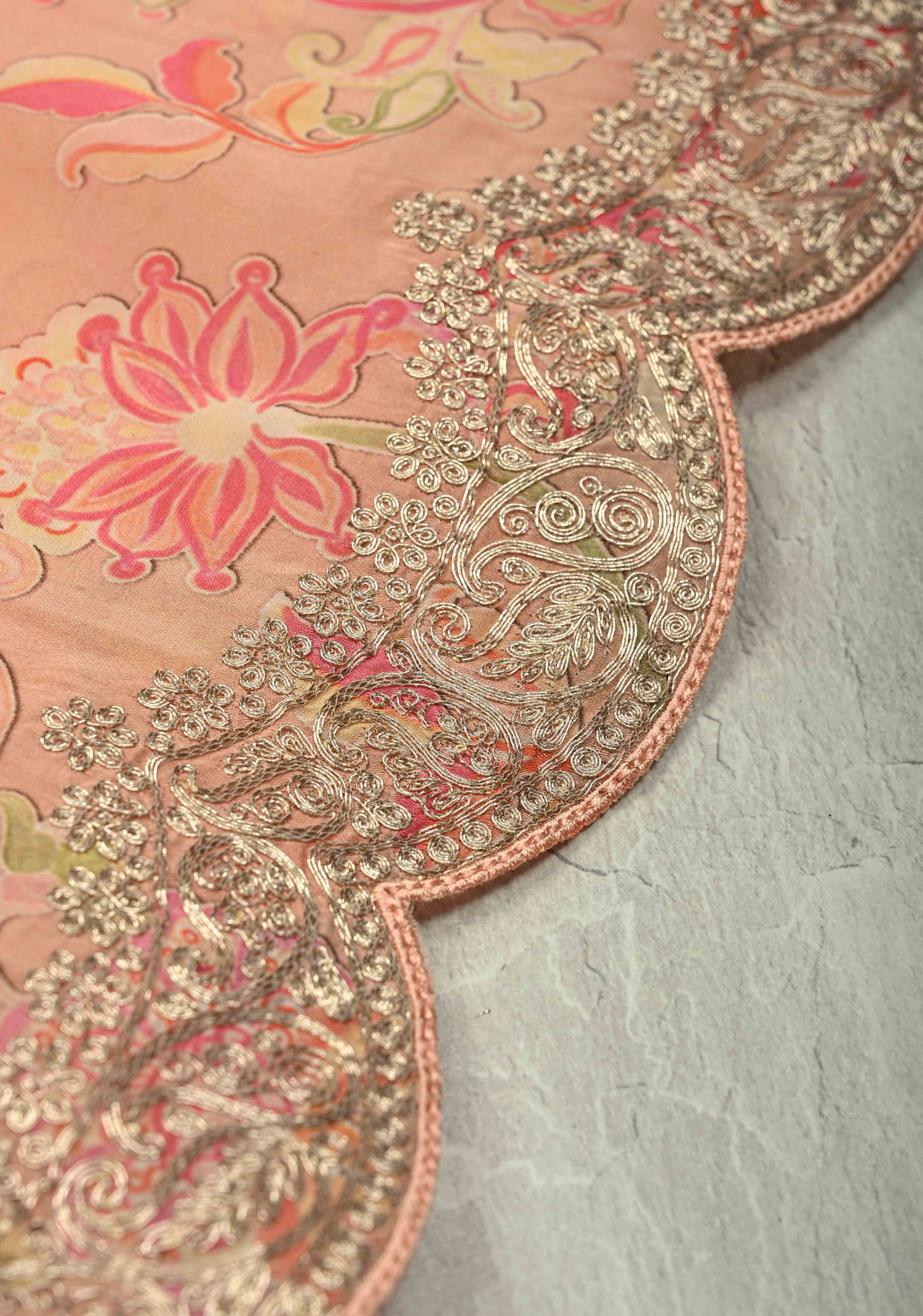 Coral Pink Vegan Silk Habutai Saree with Digital Print and Cord Pitta Embroidery Scallop Border, No Blouse Piece