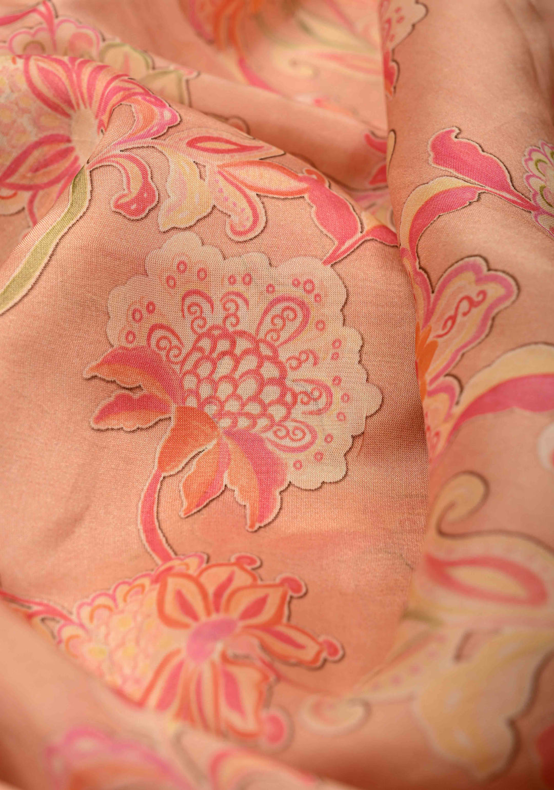 Coral Pink Vegan Silk Habutai Saree with Digital Print and Cord Pitta Embroidery Scallop Border, No Blouse Piece
