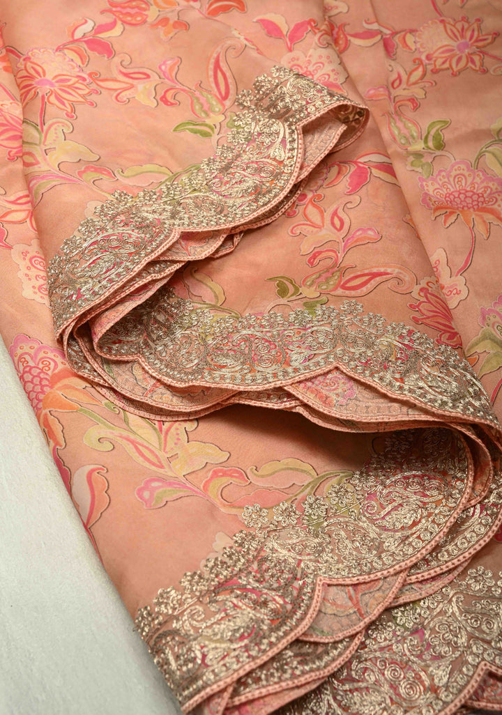 Coral Pink Vegan Silk Habutai Saree with Digital Print and Cord Pitta Embroidery Scallop Border, No Blouse Piece