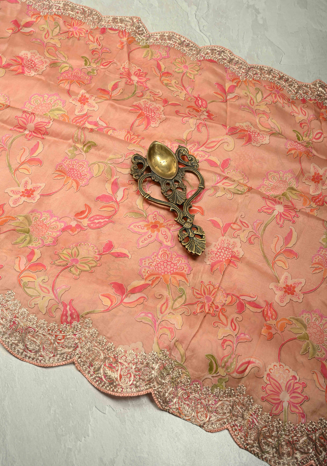 Coral Pink Vegan Silk Habutai Saree with Digital Print and Cord Pitta Embroidery Scallop Border, No Blouse Piece