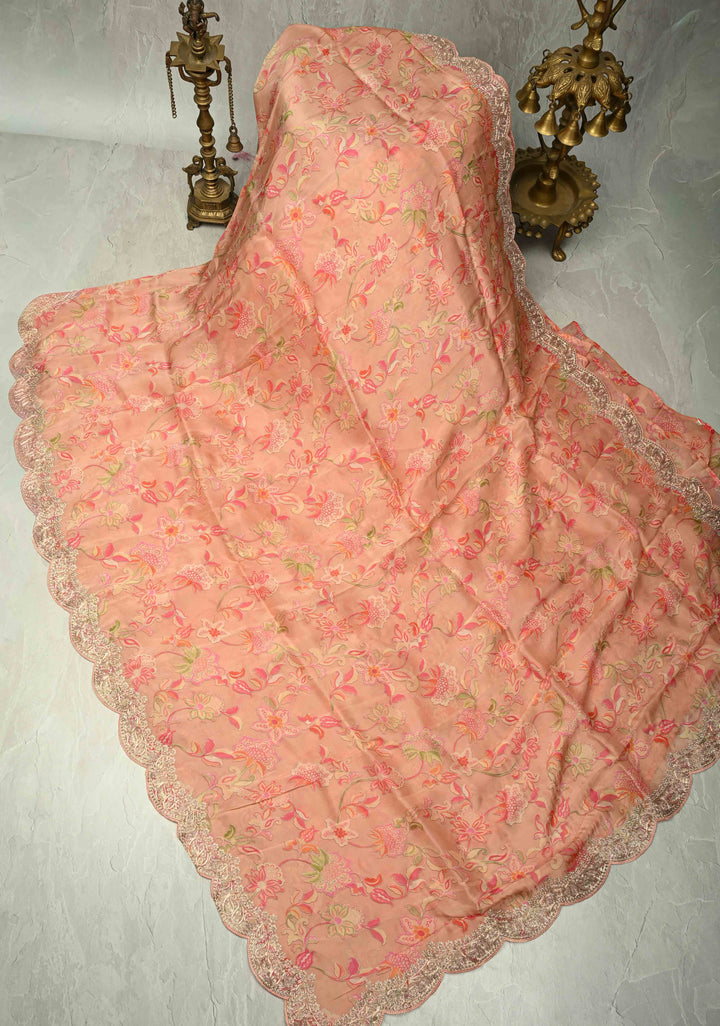 Coral Pink Vegan Silk Habutai Saree with Digital Print and Cord Pitta Embroidery Scallop Border, No Blouse Piece