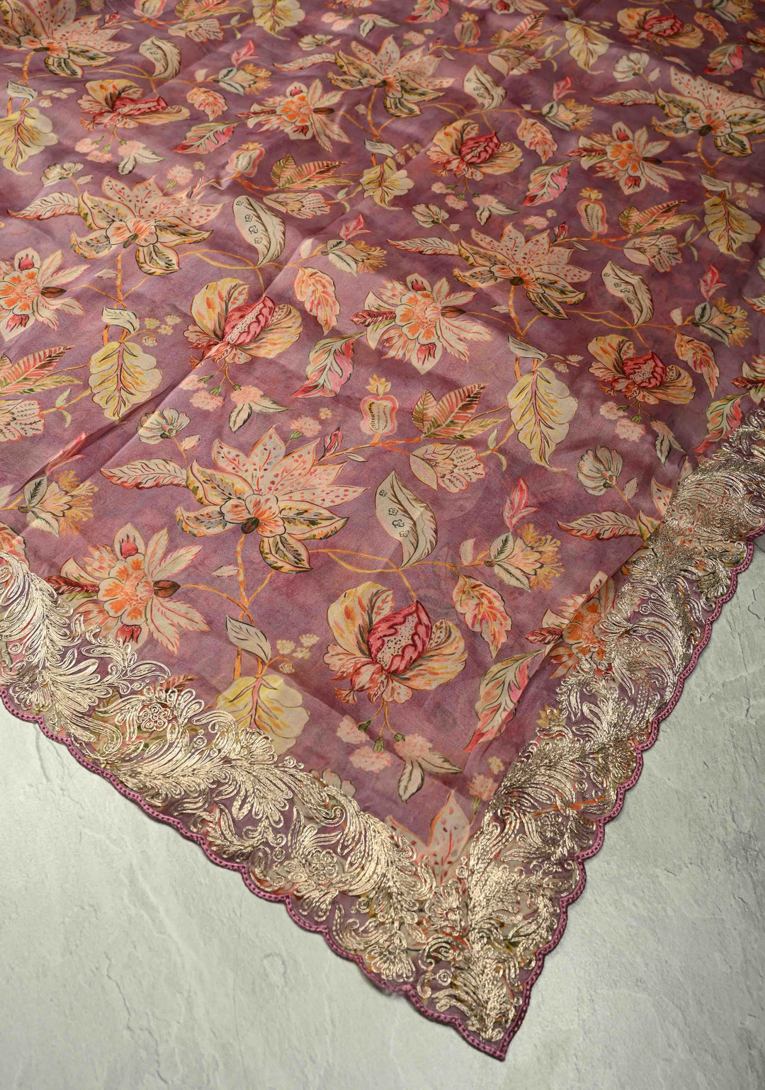 Pink Vegan Silk Habutai Saree with Digital Print and Cord Pitta Embroidery Border, No Blouse Piece