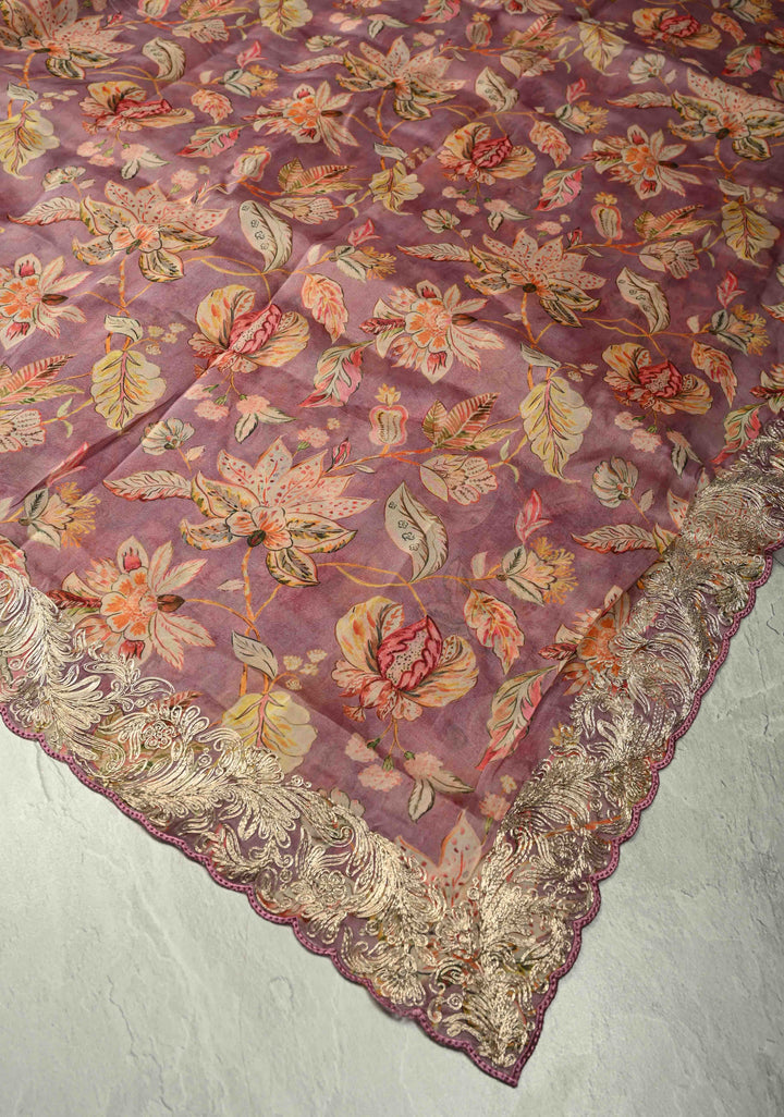 Pink Vegan Silk Habutai Saree with Digital Print and Cord Pitta Embroidery Border, No Blouse Piece