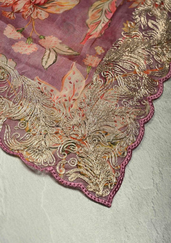 Pink Vegan Silk Habutai Saree with Digital Print and Cord Pitta Embroidery Border, No Blouse Piece