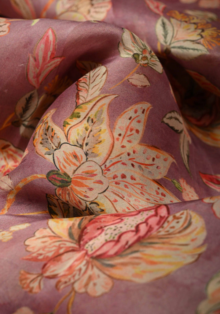 Pink Vegan Silk Habutai Saree with Digital Print and Cord Pitta Embroidery Border, No Blouse Piece