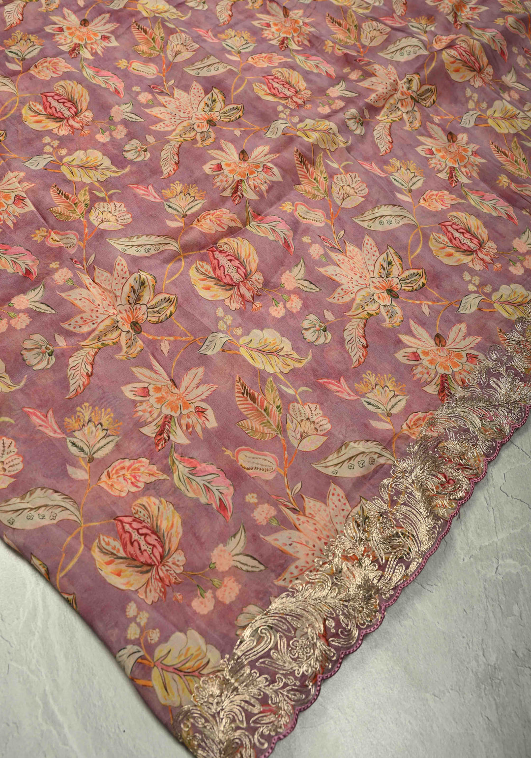 Pink Vegan Silk Habutai Saree with Digital Print and Cord Pitta Embroidery Border, No Blouse Piece