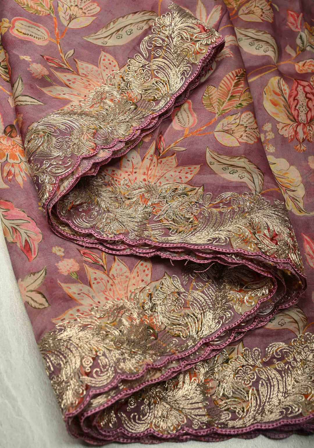 Pink Vegan Silk Habutai Saree with Digital Print and Cord Pitta Embroidery Border, No Blouse Piece